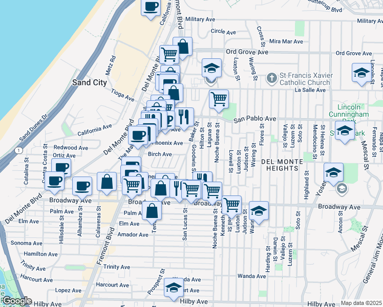 map of restaurants, bars, coffee shops, grocery stores, and more near 1713 Goodwin Street in Seaside