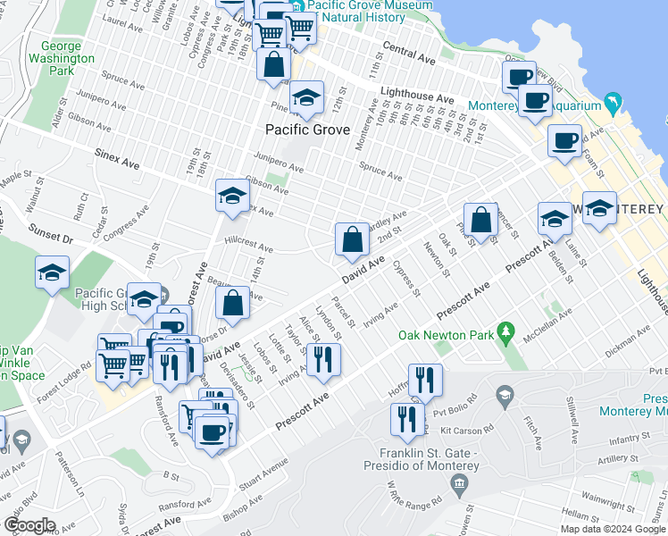 map of restaurants, bars, coffee shops, grocery stores, and more near 1550 2nd Street in Pacific Grove