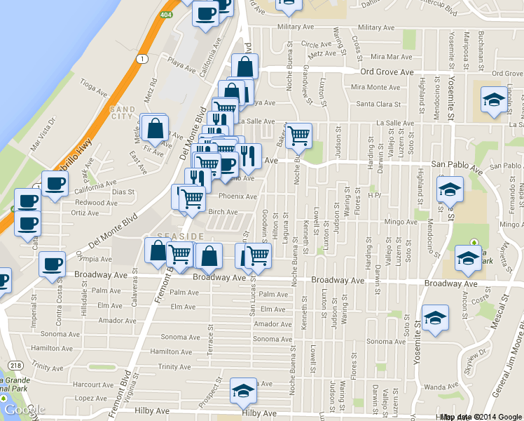 map of restaurants, bars, coffee shops, grocery stores, and more near 1713 Goodwin Street in Seaside