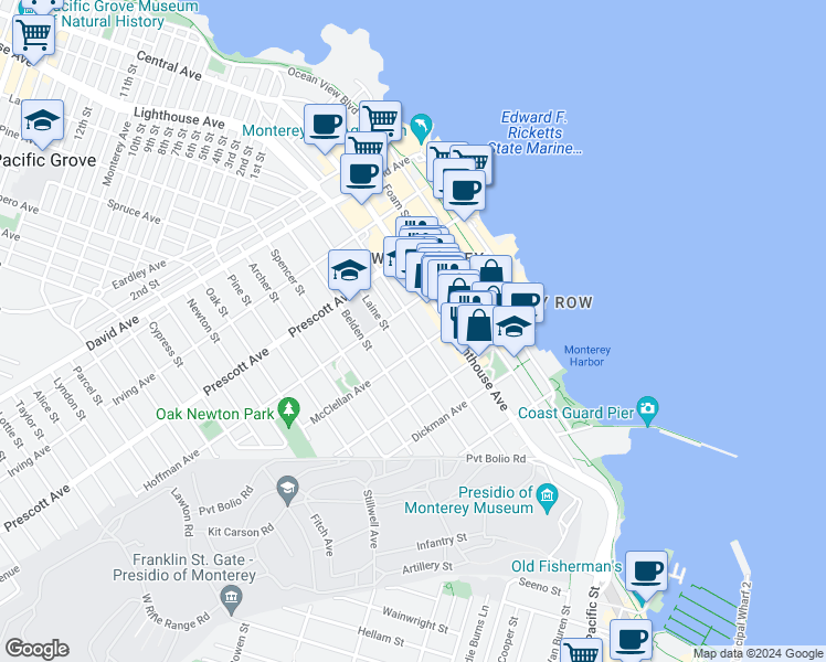 map of restaurants, bars, coffee shops, grocery stores, and more near 509 Hawthorne Street in Monterey