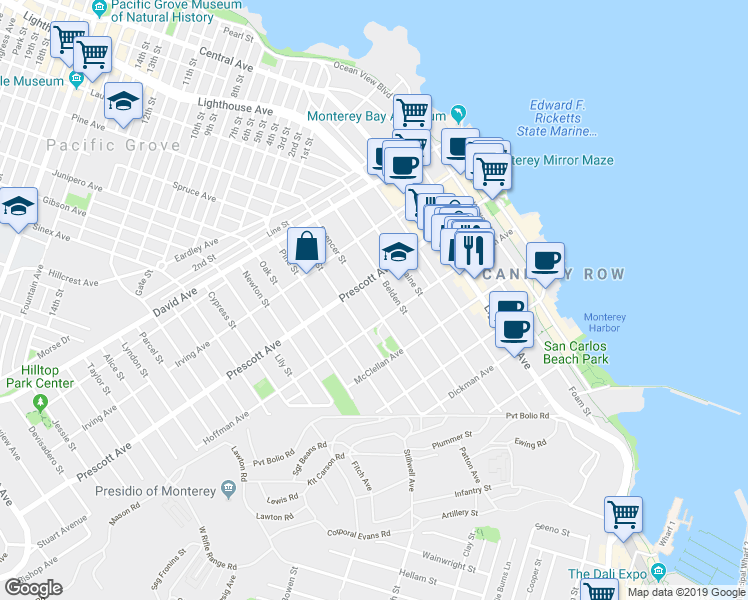 map of restaurants, bars, coffee shops, grocery stores, and more near 600 Spencer Street in Monterey