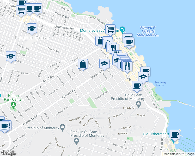 map of restaurants, bars, coffee shops, grocery stores, and more near 663 Archer Street in Monterey