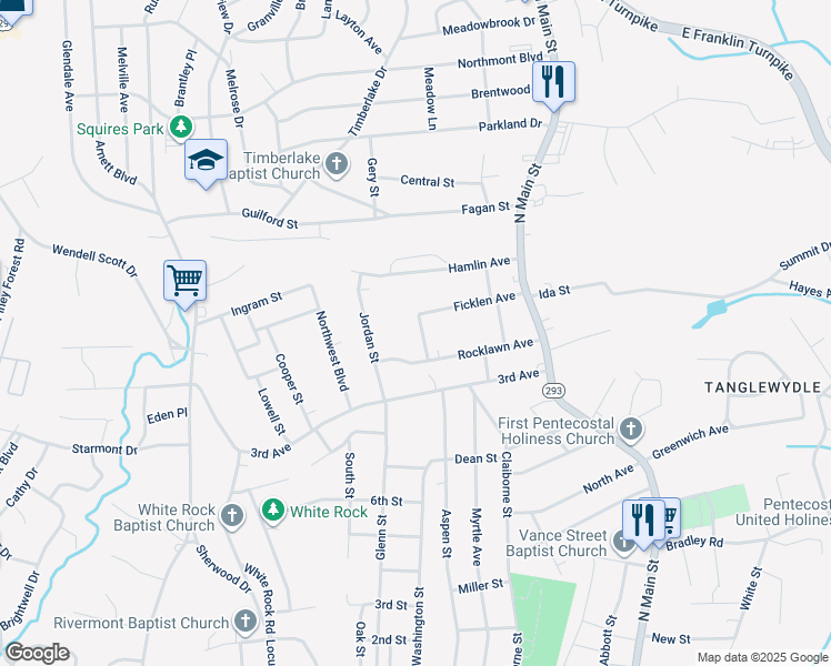 map of restaurants, bars, coffee shops, grocery stores, and more near 226 Rocklawn Avenue in Danville