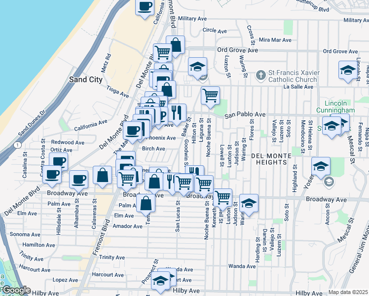 map of restaurants, bars, coffee shops, grocery stores, and more near 1713 Goodwin Street in Seaside