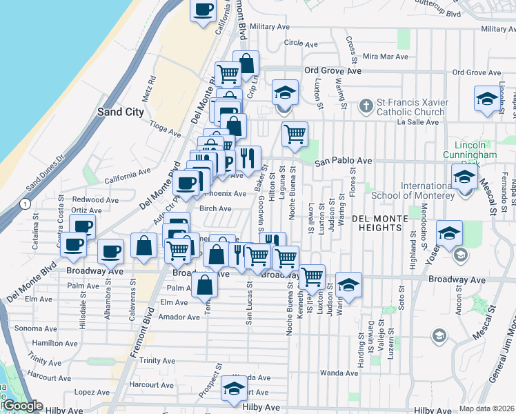 map of restaurants, bars, coffee shops, grocery stores, and more near 1713 Goodwin Street in Seaside