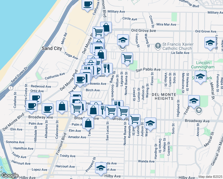 map of restaurants, bars, coffee shops, grocery stores, and more near 1713 Goodwin Street in Seaside