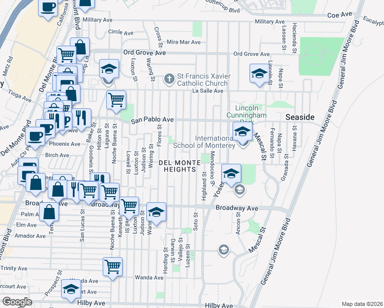 map of restaurants, bars, coffee shops, grocery stores, and more near 1714 Luzern Street in Seaside