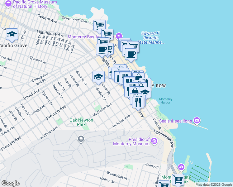 map of restaurants, bars, coffee shops, grocery stores, and more near 509 Hawthorne Street in Monterey