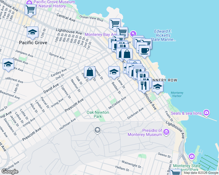 map of restaurants, bars, coffee shops, grocery stores, and more near 600 Spencer Street in Monterey