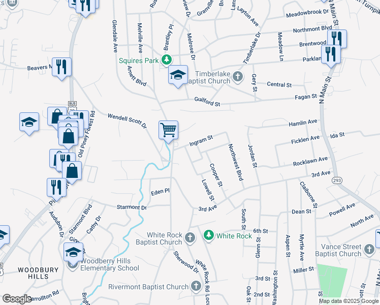 map of restaurants, bars, coffee shops, grocery stores, and more near 150 Hartford Street in Danville