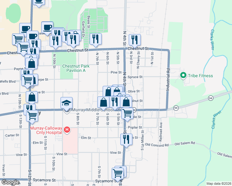 map of restaurants, bars, coffee shops, grocery stores, and more near 512 North 5th Street in Murray