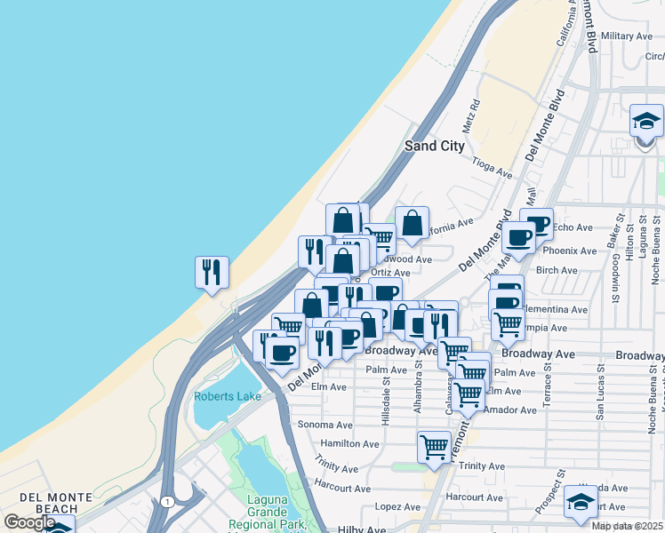 map of restaurants, bars, coffee shops, grocery stores, and more near 419 Ortiz Avenue in Sand City