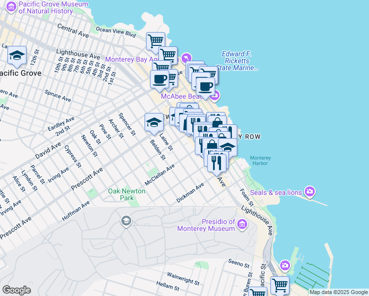 map of restaurants, bars, coffee shops, grocery stores, and more near 509 Hawthorne Street in Monterey