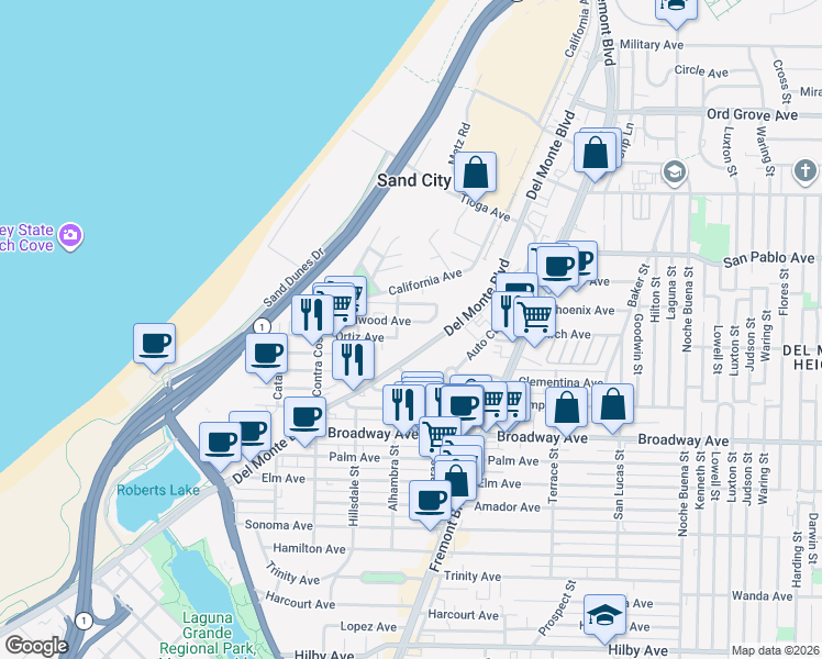 map of restaurants, bars, coffee shops, grocery stores, and more near 1711 Del Monte Blvd in Seaside