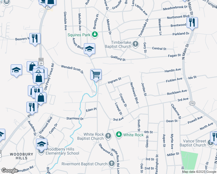 map of restaurants, bars, coffee shops, grocery stores, and more near 150 Hartford Street in Danville