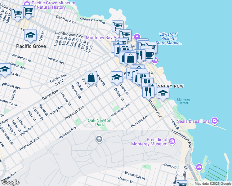 map of restaurants, bars, coffee shops, grocery stores, and more near 639 Belden Street in Monterey
