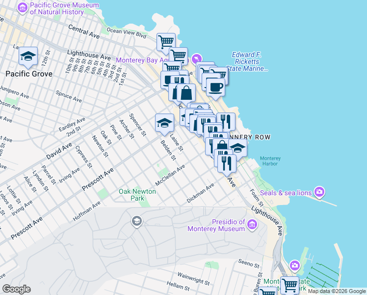 map of restaurants, bars, coffee shops, grocery stores, and more near 557 Laine Street in Monterey