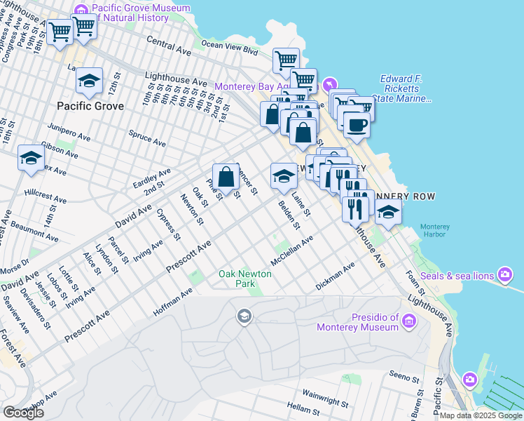 map of restaurants, bars, coffee shops, grocery stores, and more near 663 Archer Street in Monterey