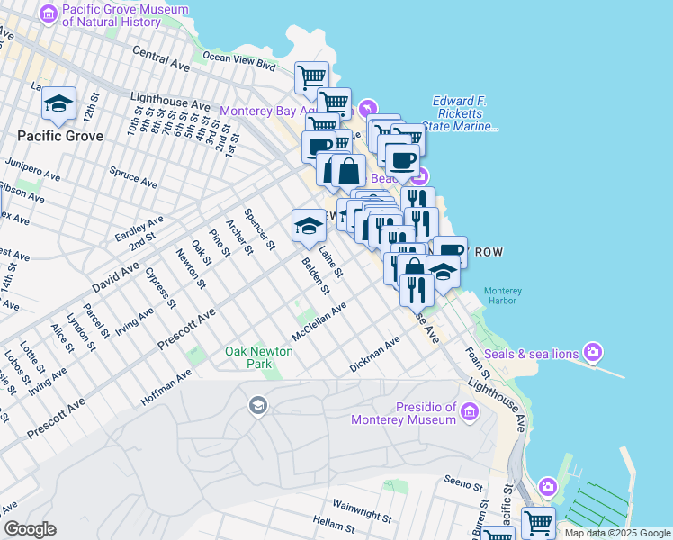 map of restaurants, bars, coffee shops, grocery stores, and more near 500 Hoffman Avenue in Monterey