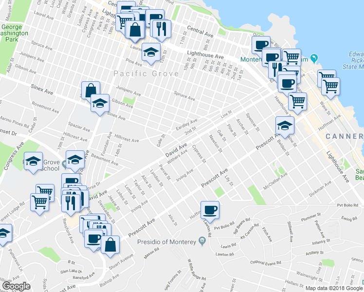 map of restaurants, bars, coffee shops, grocery stores, and more near 1398 David Avenue in Monterey
