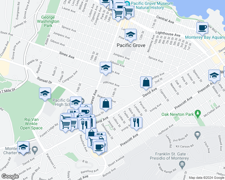 map of restaurants, bars, coffee shops, grocery stores, and more near 924 14th Street in Pacific Grove