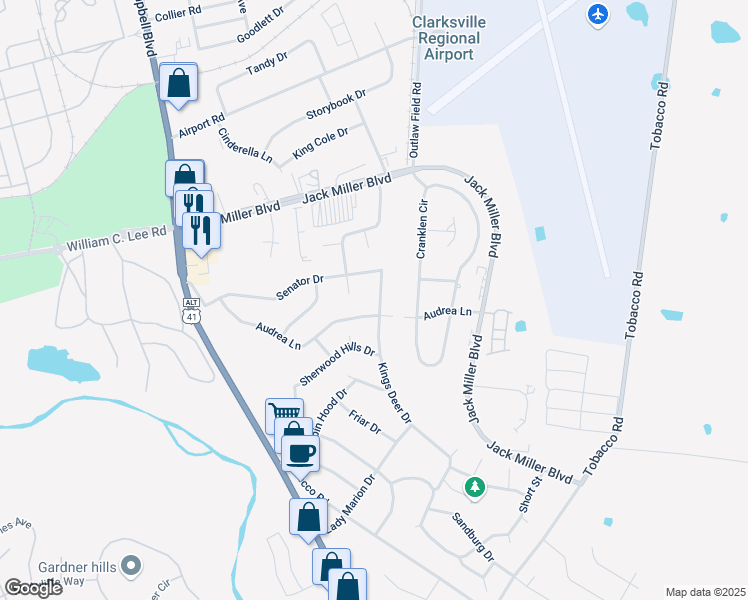 map of restaurants, bars, coffee shops, grocery stores, and more near 168 Kings Deer Drive in Clarksville