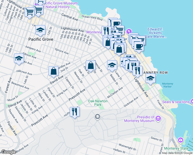 map of restaurants, bars, coffee shops, grocery stores, and more near 701 Pine Street in Monterey