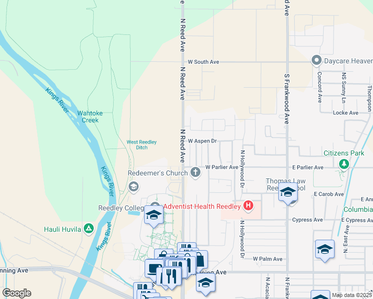 map of restaurants, bars, coffee shops, grocery stores, and more near 1816 North Reed Avenue in Reedley