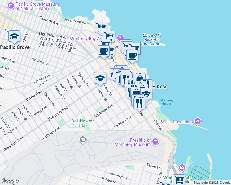 map of restaurants, bars, coffee shops, grocery stores, and more near 585 Hawthorne Street in Monterey