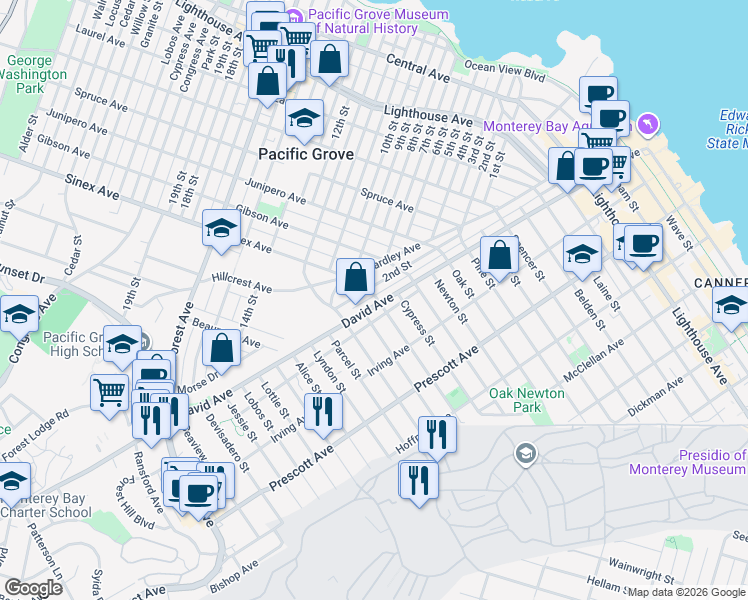 map of restaurants, bars, coffee shops, grocery stores, and more near 905 Filmore Street in Monterey