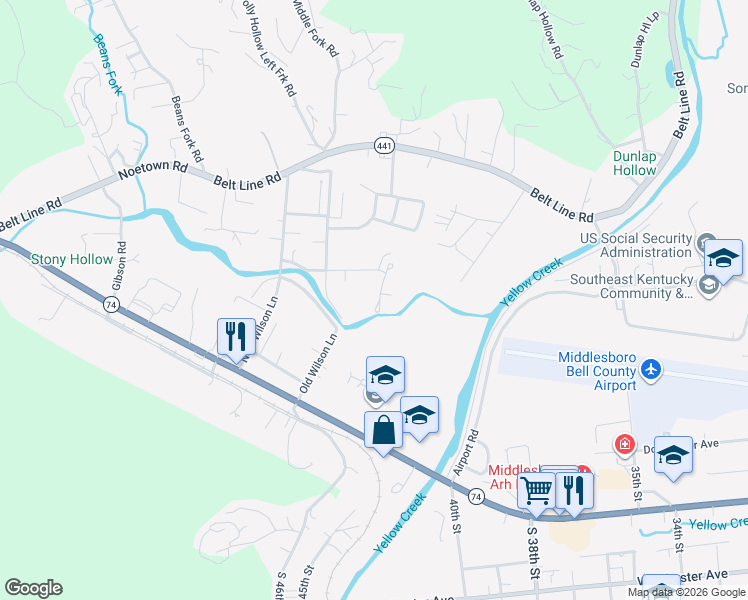 map of restaurants, bars, coffee shops, grocery stores, and more near 13 Blakeman Drive in Middlesboro