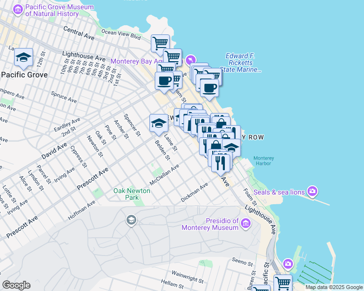 map of restaurants, bars, coffee shops, grocery stores, and more near 509 Hawthorne Street in Monterey