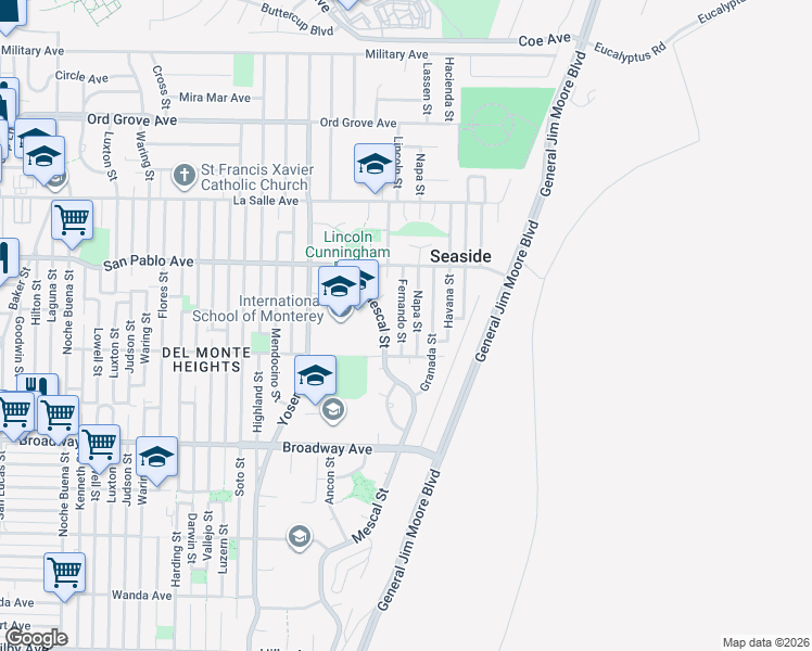 map of restaurants, bars, coffee shops, grocery stores, and more near 1732 Fernando Street in Seaside