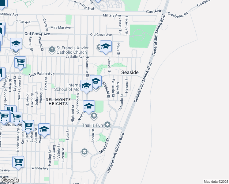 map of restaurants, bars, coffee shops, grocery stores, and more near 1732 Fernando Street in Seaside