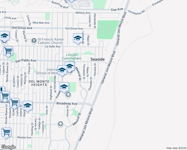 map of restaurants, bars, coffee shops, grocery stores, and more near 1733 Havana Street in Seaside