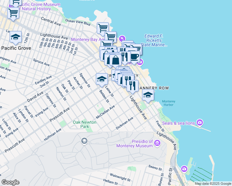 map of restaurants, bars, coffee shops, grocery stores, and more near 585 Hawthorne Street in Monterey