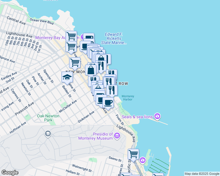 map of restaurants, bars, coffee shops, grocery stores, and more near 457 Wave Street in Monterey
