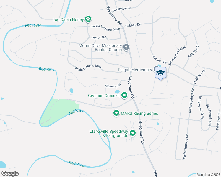 map of restaurants, bars, coffee shops, grocery stores, and more near 1716 Manning Drive in Clarksville