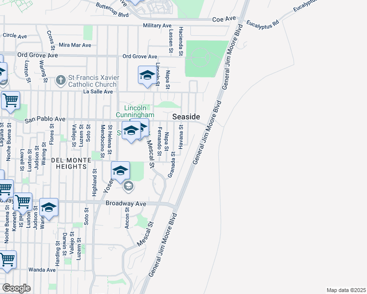 map of restaurants, bars, coffee shops, grocery stores, and more near 1738 Havana Street in Seaside