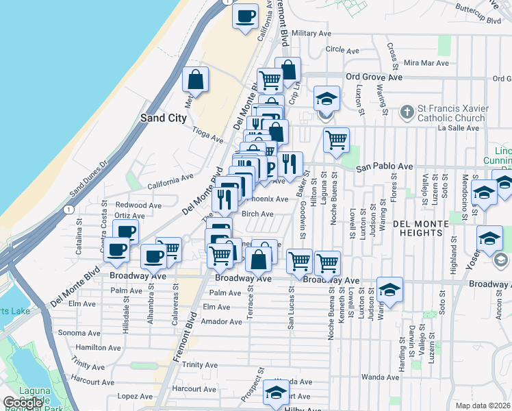 map of restaurants, bars, coffee shops, grocery stores, and more near 1132 Phoenix Avenue in Seaside