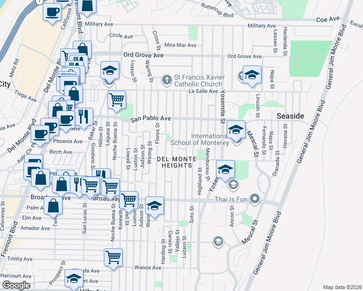 map of restaurants, bars, coffee shops, grocery stores, and more near 1761 Luzern Street in Seaside