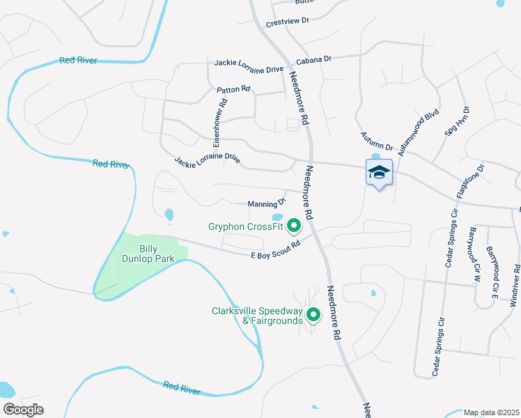 map of restaurants, bars, coffee shops, grocery stores, and more near 1716 Manning Drive in Clarksville