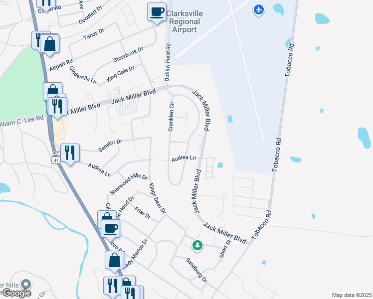 map of restaurants, bars, coffee shops, grocery stores, and more near 213 Cranklen Circle in Clarksville
