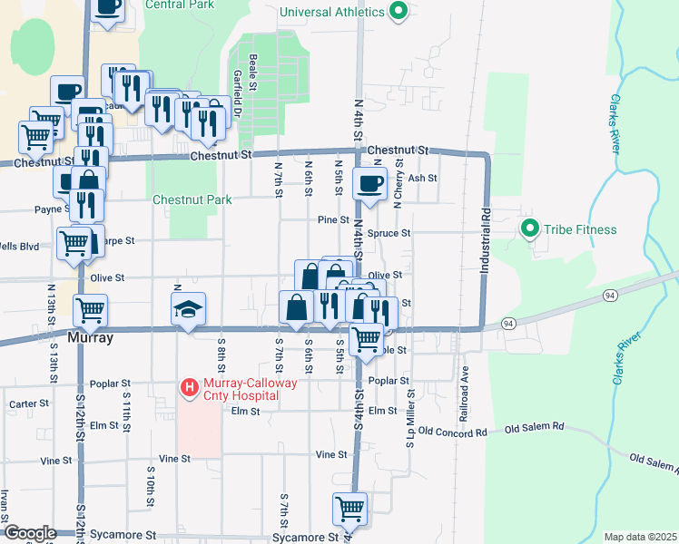 map of restaurants, bars, coffee shops, grocery stores, and more near 311 North 5th Street in Murray