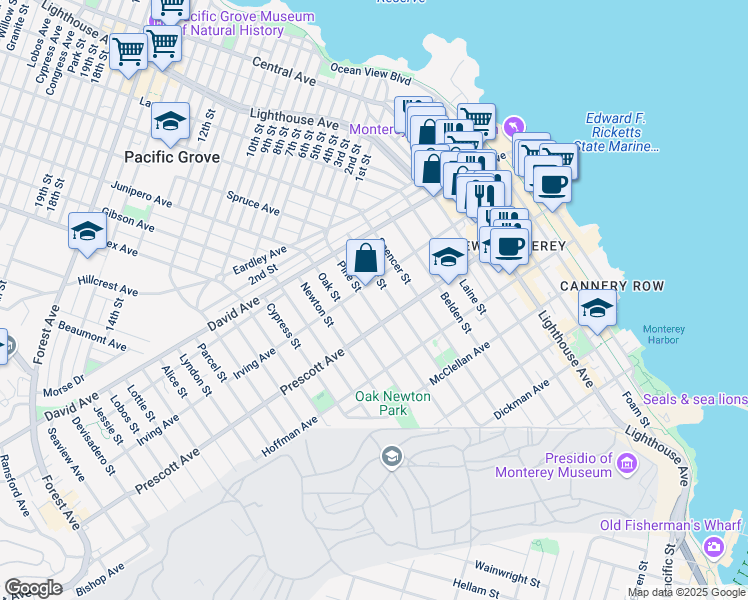 map of restaurants, bars, coffee shops, grocery stores, and more near 760 Pine Street in Monterey