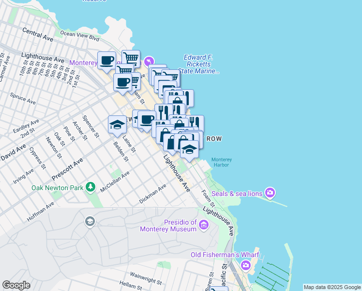 map of restaurants, bars, coffee shops, grocery stores, and more near 457 Wave Street in Monterey