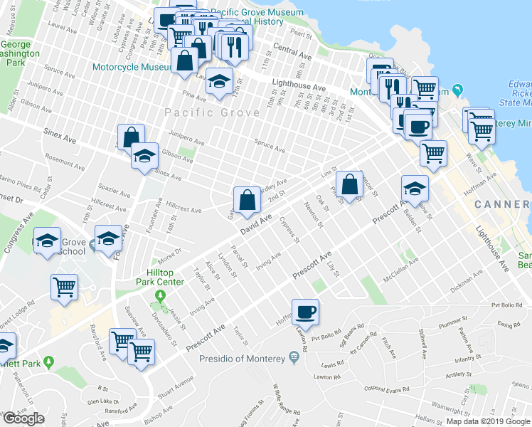 map of restaurants, bars, coffee shops, grocery stores, and more near 904 Filmore Street in Monterey