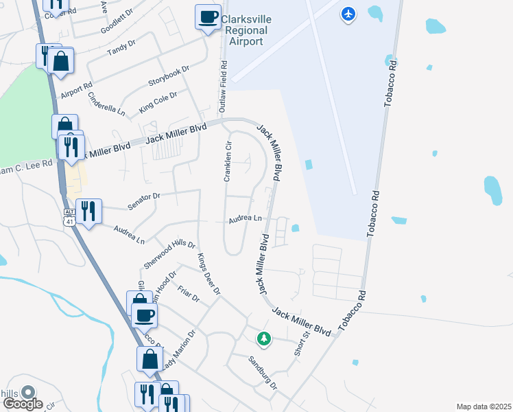 map of restaurants, bars, coffee shops, grocery stores, and more near 205 Cranklen Circle in Clarksville