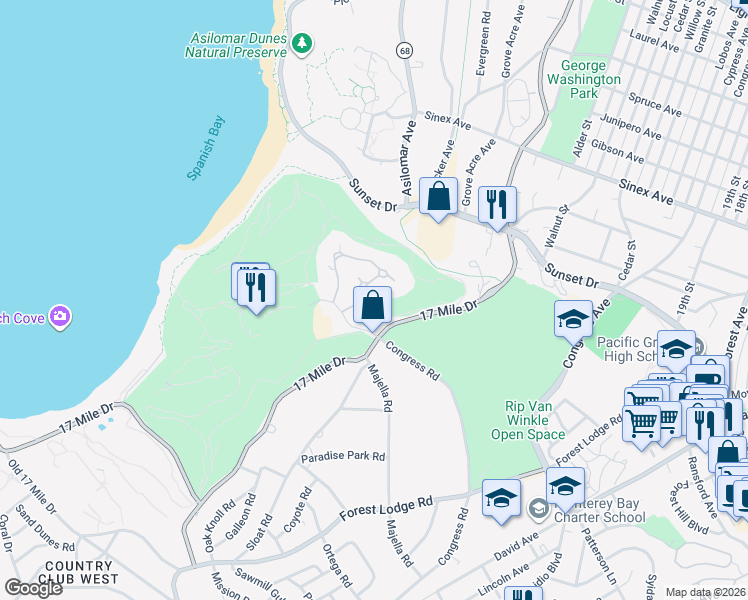 map of restaurants, bars, coffee shops, grocery stores, and more near 56 Spanish Bay Circle in Del Monte Forest