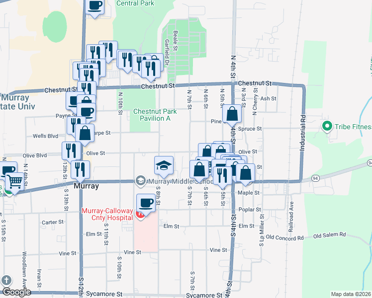map of restaurants, bars, coffee shops, grocery stores, and more near 317 North 7th Street in Murray